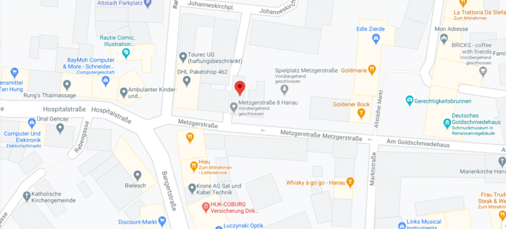 Eine Karte auf de der Standort des Flüchtlings-Café der Diakonische Flüchtlingshilfe im Main-Kinzig-Kreis e.V. in der Metzgerstraße 8 in Hanau gezeigt wird